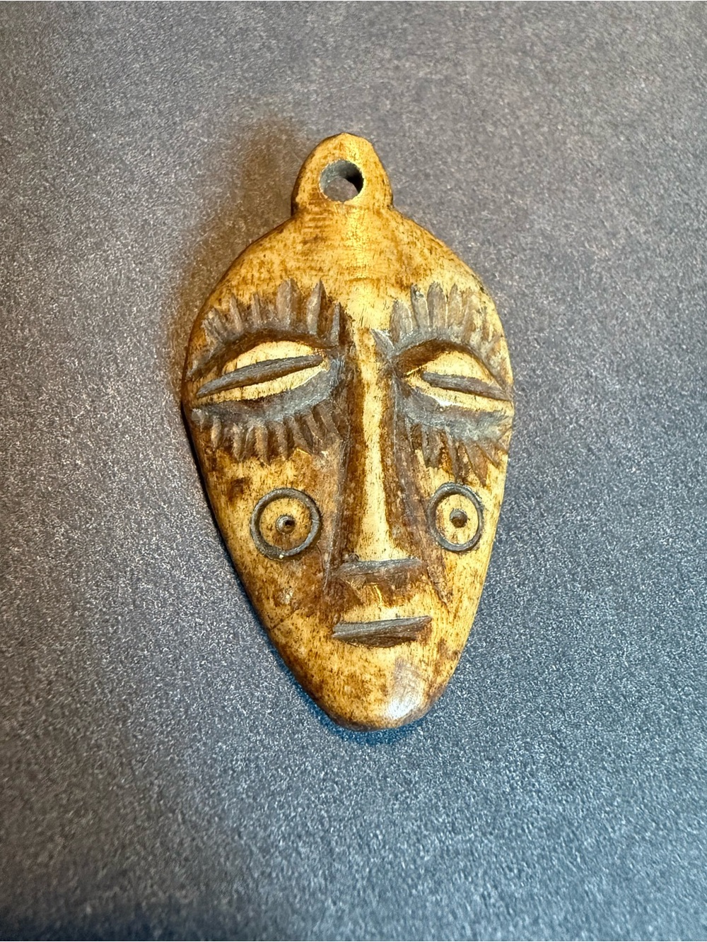 Vintage Handcrafted Wood Mask Pendant - Natural Brown